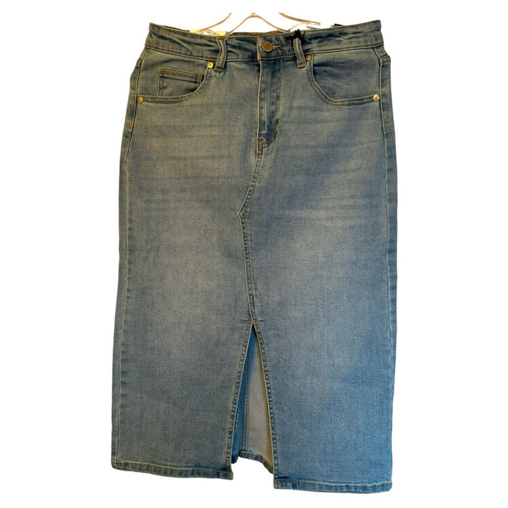 OAT New York Women's Blue Denim Slit Front Light Wash Midi Jean Skirt 4/27